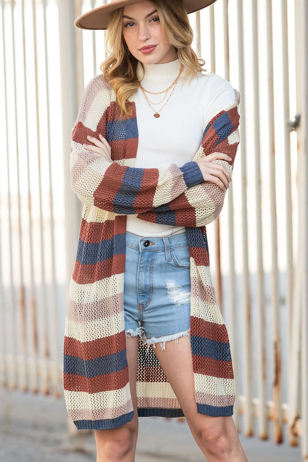 Dark Blue Color Block Striped Cutout Knit Cardigan