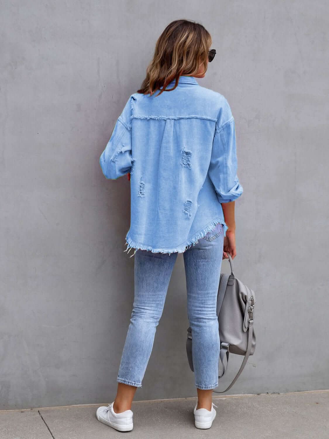 Distressed Drop Shoulder Fringe Denim Jacket Cotton Blend