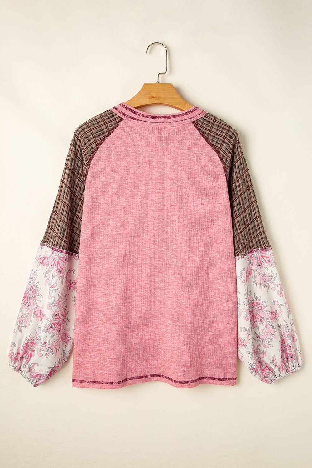 Plaid & Floral Print Ribbed Knit Top | S-2XL: As shown / Missy