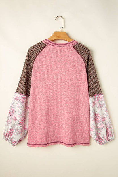 Plaid & Floral Print Ribbed Knit Top | S-2XL: As shown / Missy