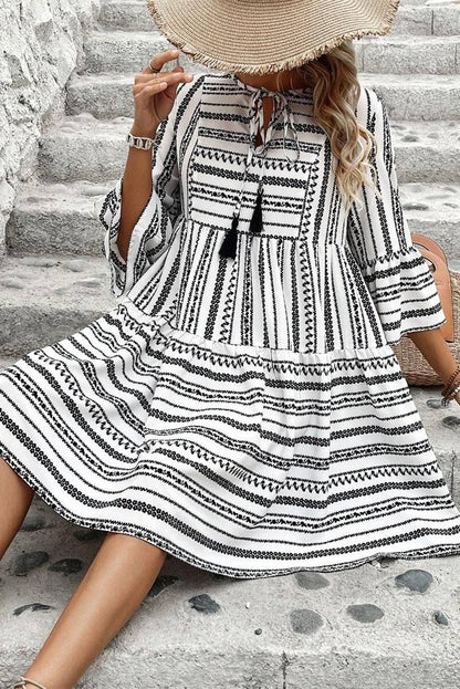 Black Stripe V Neck Bell Sleeve High Waist Mini Dress: Black Stripe / 100%Polyester