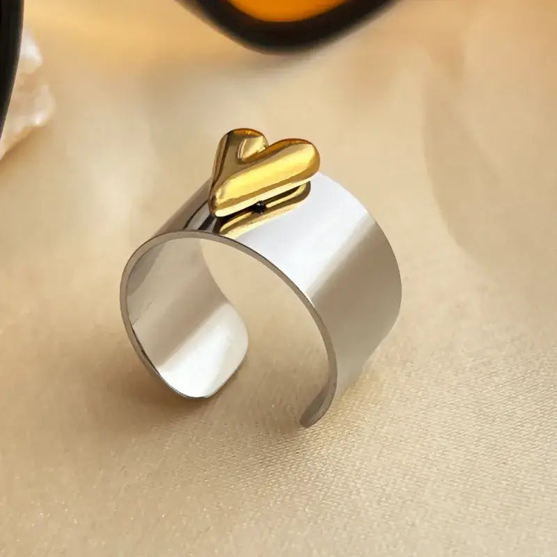 Solid Adjustable Mixed Jewelry Ring Silver and Gold Heart: Yellow Gold
