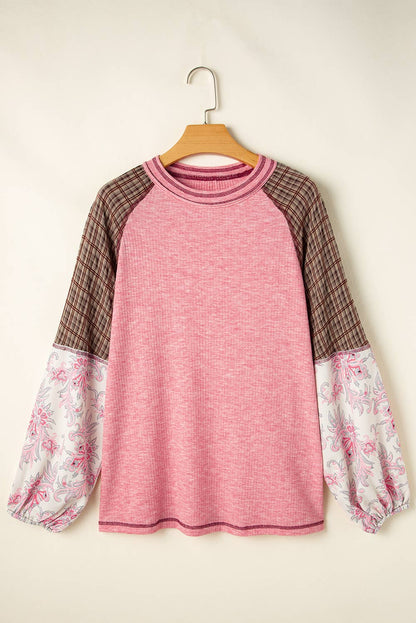 Plaid & Floral Print Ribbed Knit Top | S-2XL: As shown / Missy