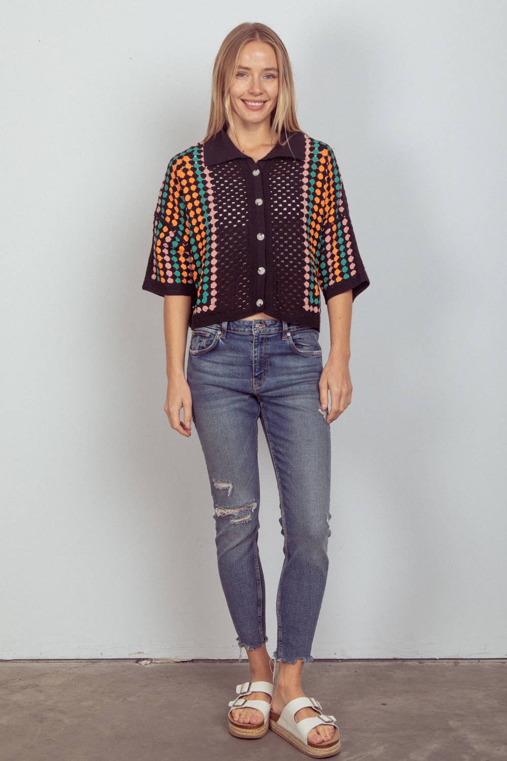 Relaxed Fit Multi Color Crochet Knit Top: Black