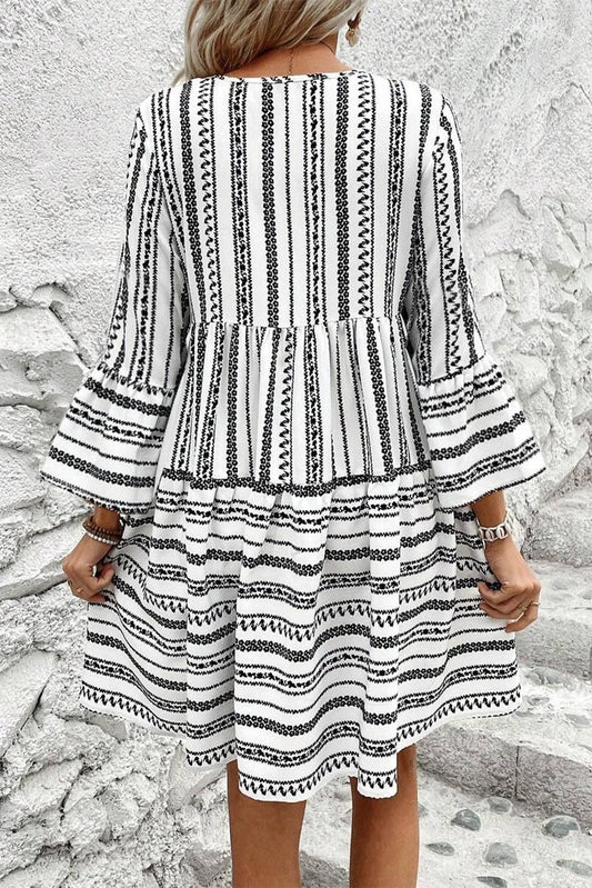 Black Stripe V Neck Bell Sleeve High Waist Mini Dress: Black Stripe / 100%Polyester