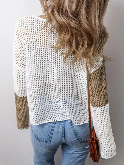 Openwork Tassel Color Block Sweater