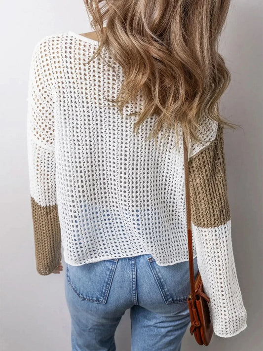 Openwork Tassel Color Block Sweater