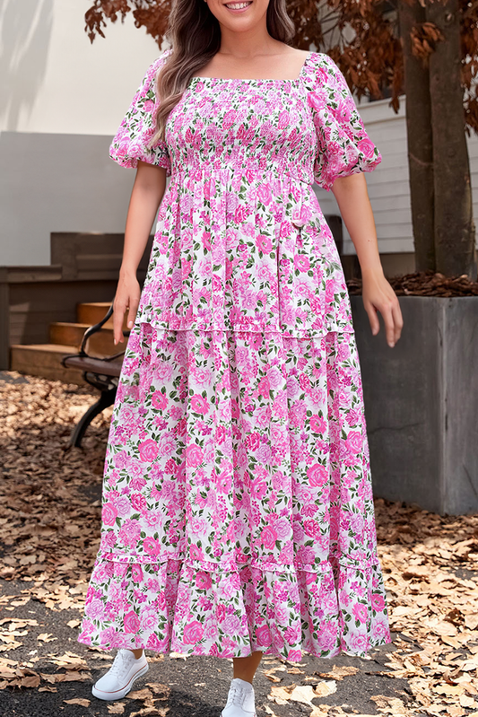 Plus Size Floral Smocked Puff Sleeve Long Curvy Dress: Multi-Colored / Plus Size