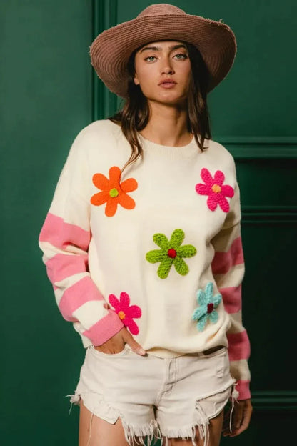 BiBi Colorful Floral Patched Sweater With Striped Sleeves