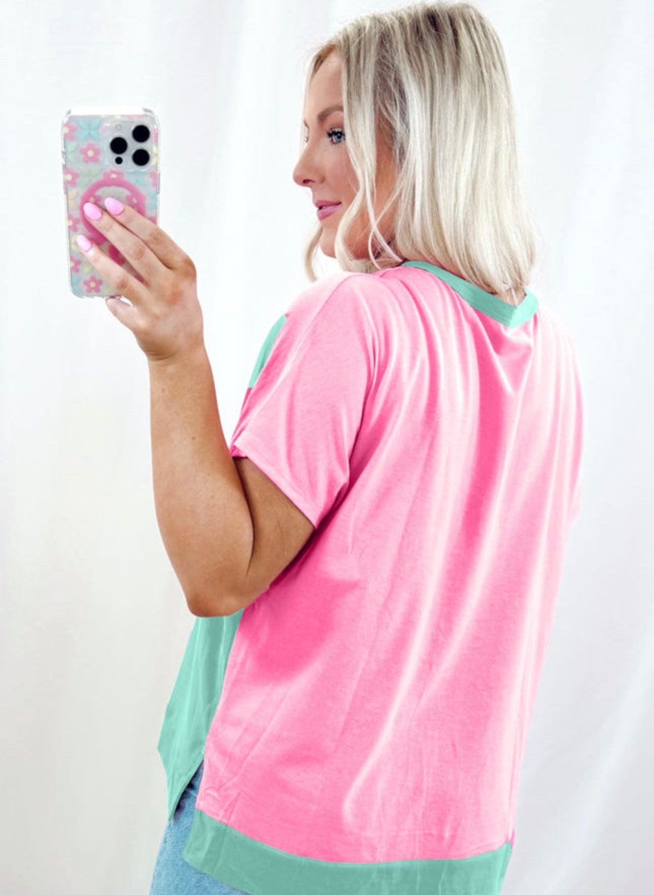 Mint Green And Pink Two Tones Half Button Collar Split Sides Top