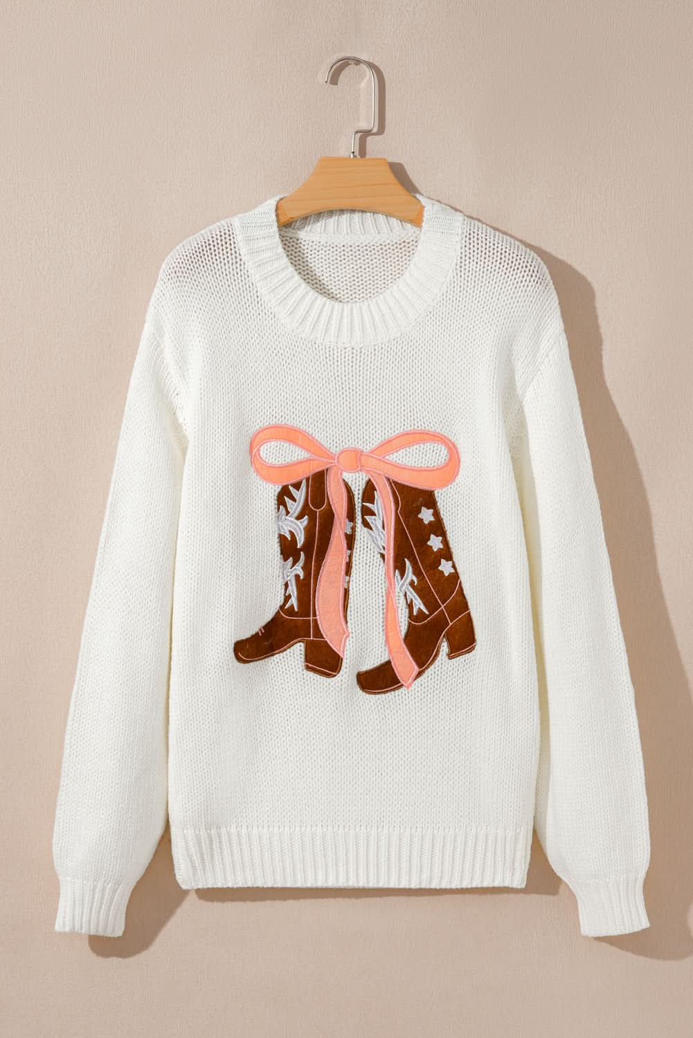 White Embroidered Bow Graphic Drop Shoulder Sweater
