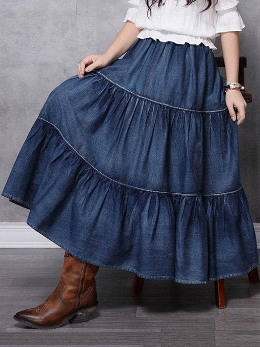 Vintage Splicing Pleated Jean Skirt: DENIM BOHO Flowy Maxi Skirt