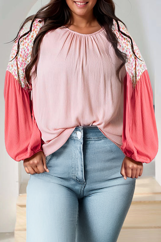 Plus Size Contrast Floral Patchwork Long Sleeve Blouse: Pink / Plus Size