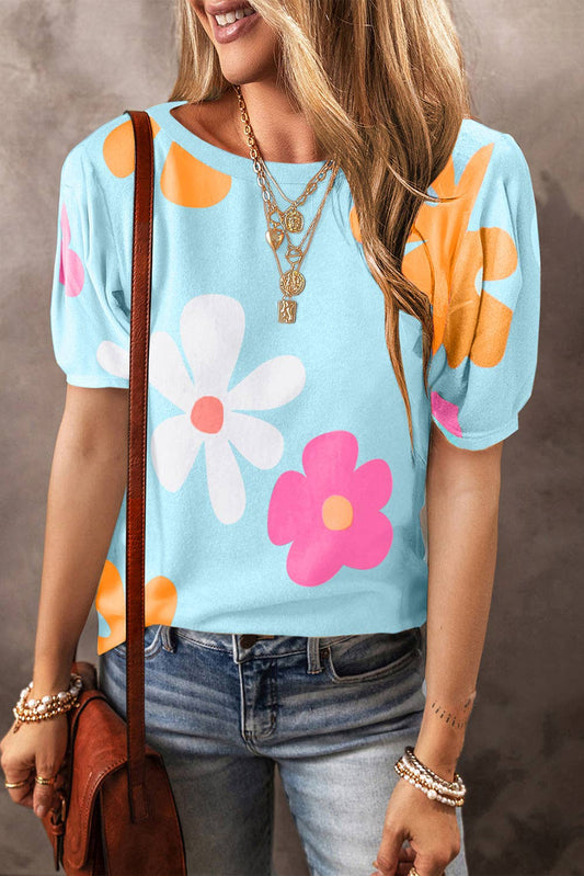 Flower Print Bubble Sleeve Tee: Sky Blue / 95%Polyester+5%Elastane