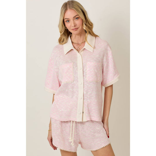 Knit Collar Short Sleeve Set With Contrast Detail: PINK COMBO By Skylar Rose