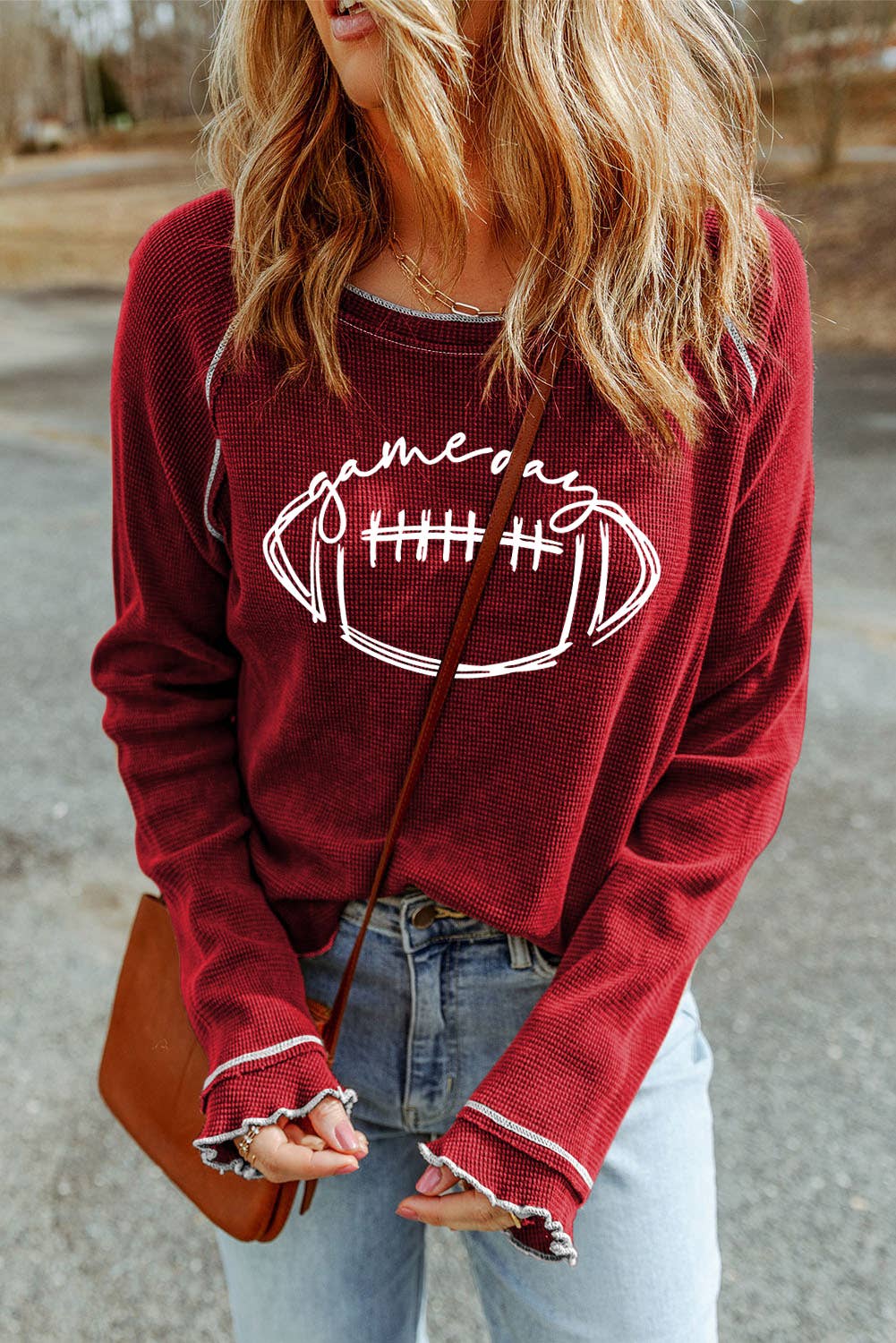 Game Day Rugby Football Graphic Thermal Knit Top: Red