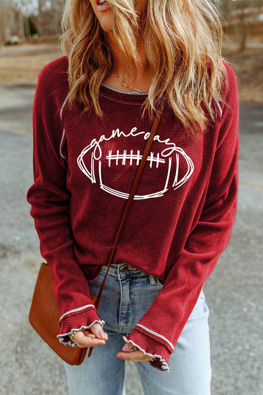 Game Day Rugby Football Graphic Thermal Knit Top: Red