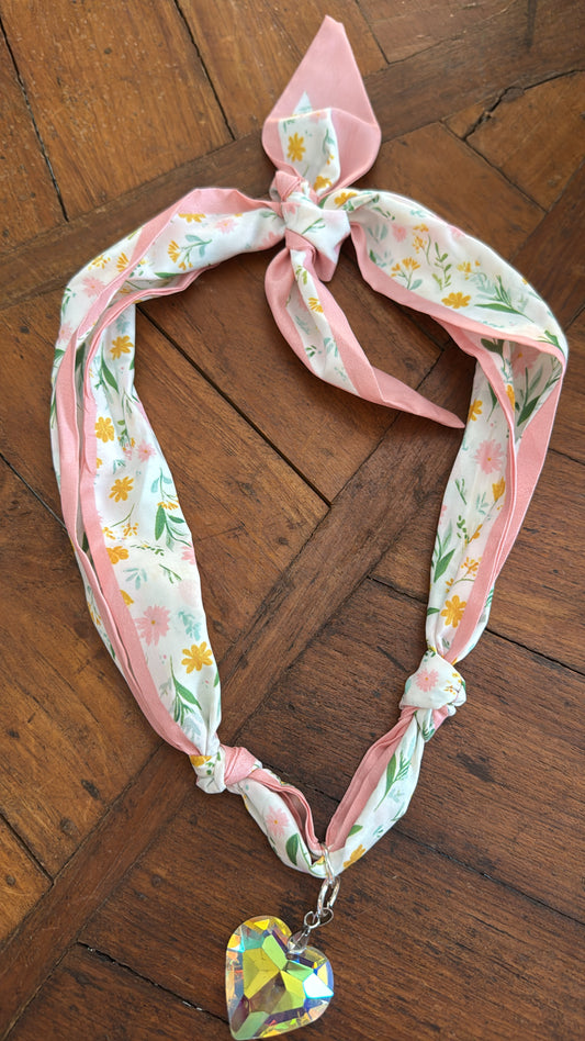 Floral Scarf Necklace with Iridescent Heart Pendant