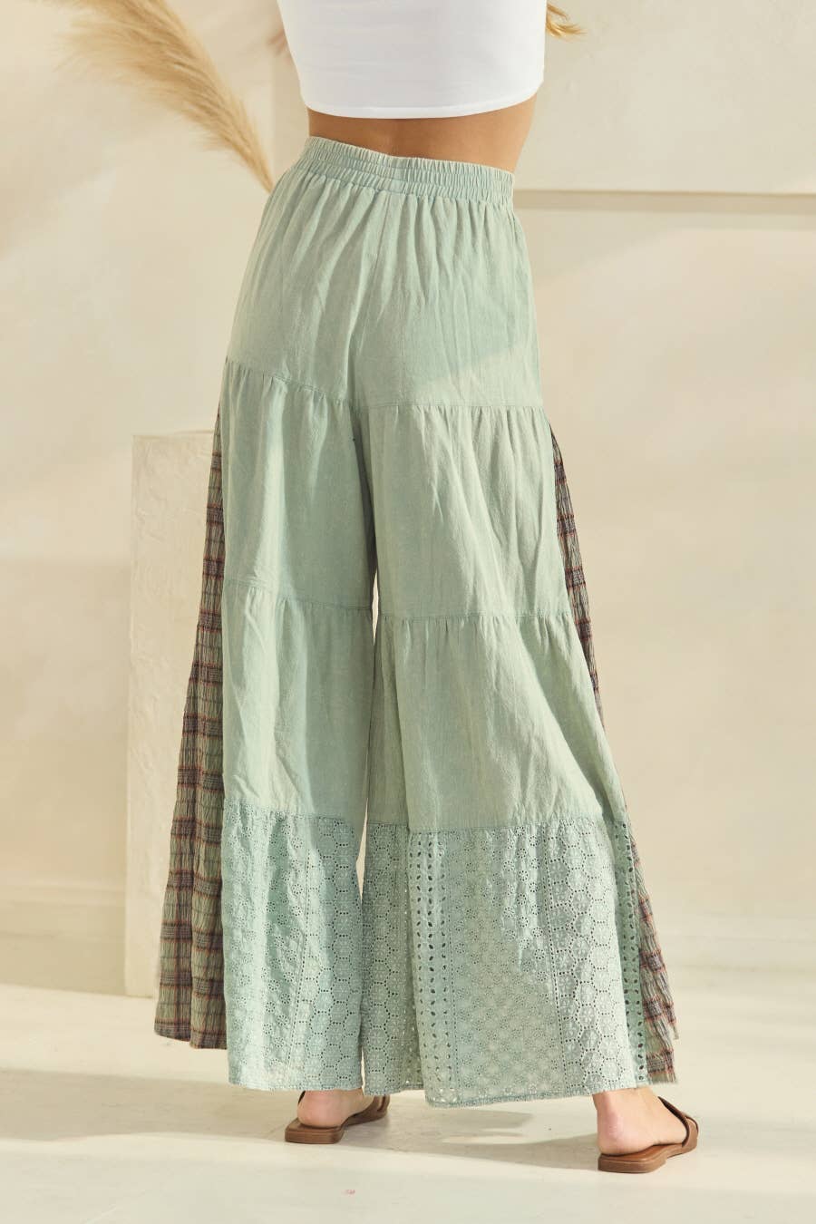 Acid Washed Tired Palazzo Pants: Washed Sage