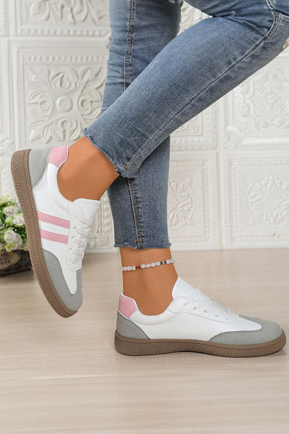 Pink Striped Patchwork Lace Up Sneakers PU Leather