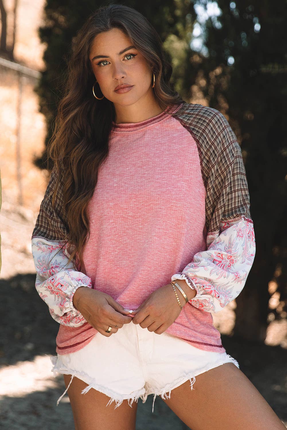 Plaid & Floral Print Ribbed Knit Top | S-2XL: As shown / Missy