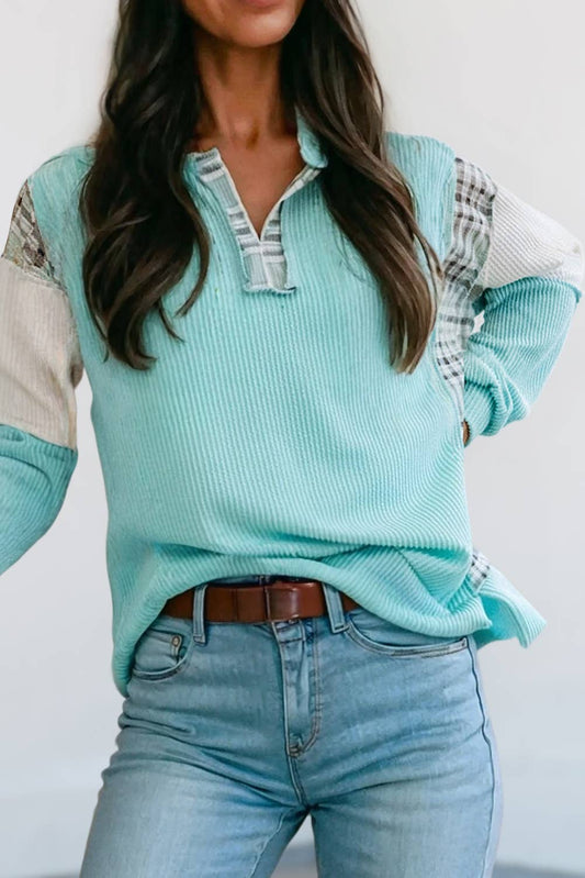 Corded Texture Plaid Colorblock Long Sleeve Top