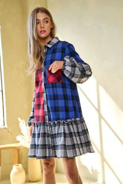 WAIST RUFFLE SKIRT BALLOON LONG SLEEVE SHIRT DRESS: BLACK/WHITE MULTI