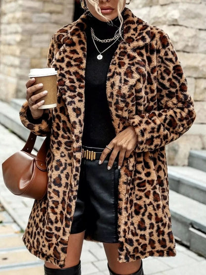 Leopard Print Faux Fur Longline Coat With Pockets Polyester