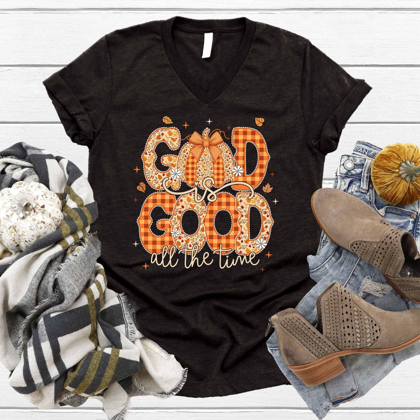 God is Good Fall V-Neck: Heather Black Plus Size Available