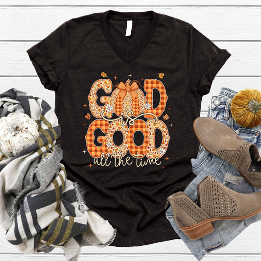 God is Good Fall V-Neck: Heather Black Plus Size Available