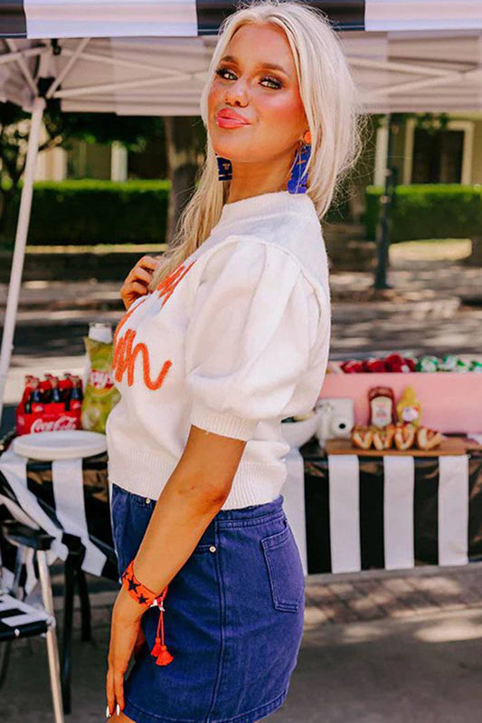 Touchdown Tinsel Puff Short Sleeve Crew Neck Sweater: White / 50%Viscose+28%Polyester+22%Polyamide