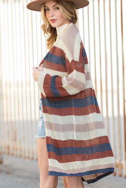 Dark Blue Color Block Striped Cutout Knit Cardigan