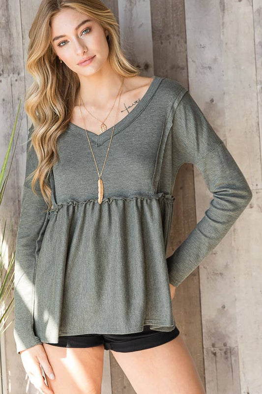 THERMAL VNECK BABYDOLL TOP OLIVE