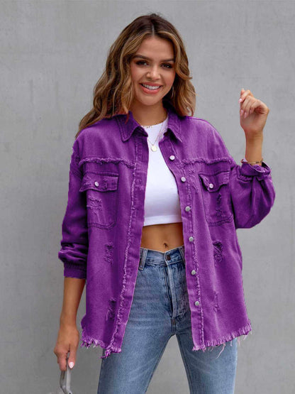 Distressed Drop Shoulder Fringe Denim Jacket Cotton Blend