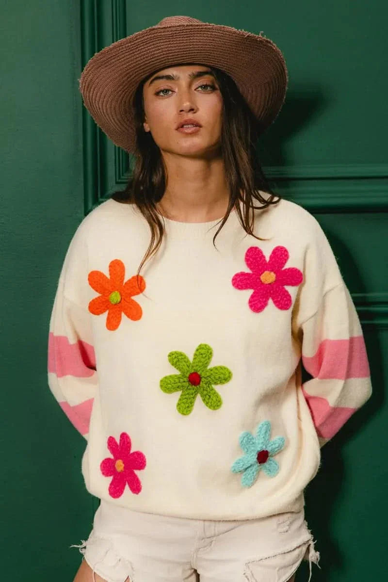 BiBi Colorful Floral Patched Sweater With Striped Sleeves