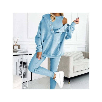 3-Piece Set- Leisure Hoodie, Thick Ribbed Vest, And Pants: BLACK