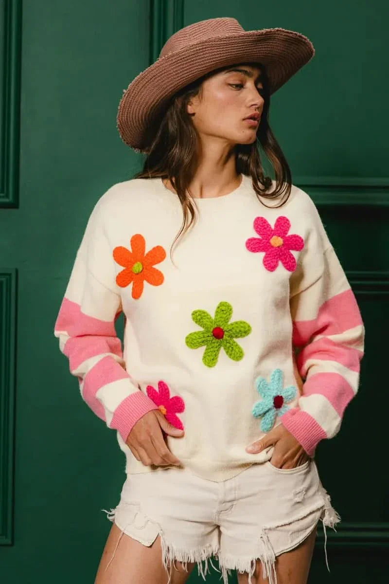BiBi Colorful Floral Patched Sweater With Striped Sleeves