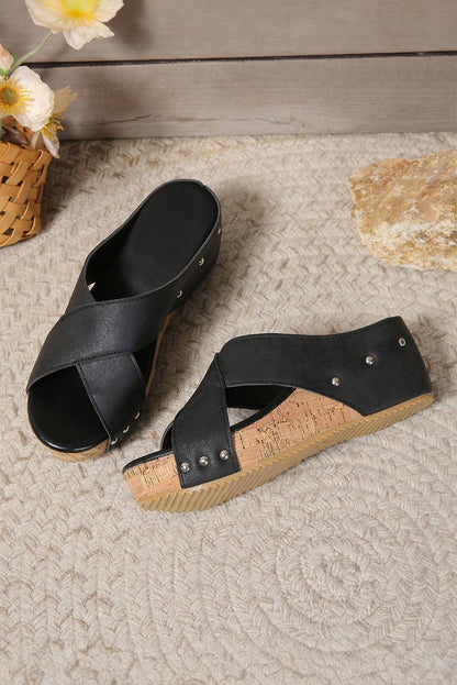 Criss Cross Cut Out PU Leather Wedge Slippers: Black