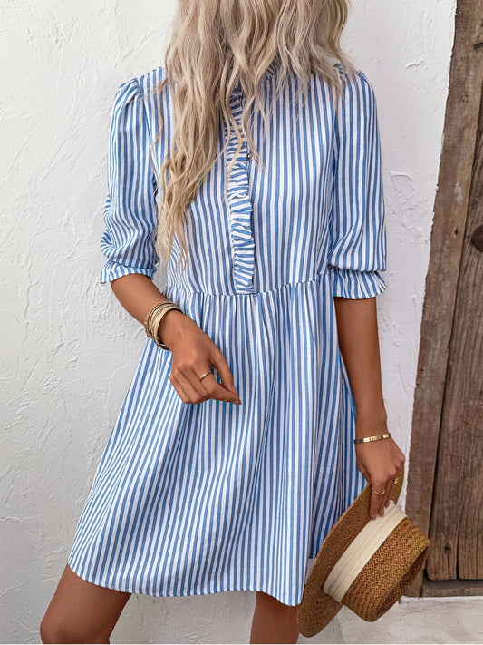 Casual Vertical Striped Shirt Dress: Blue