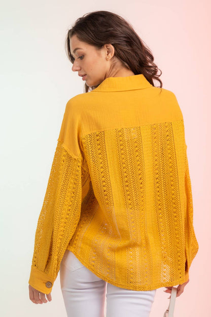 Lace Crochet Button Down Sheer Shacket: YELLOW S-M-L