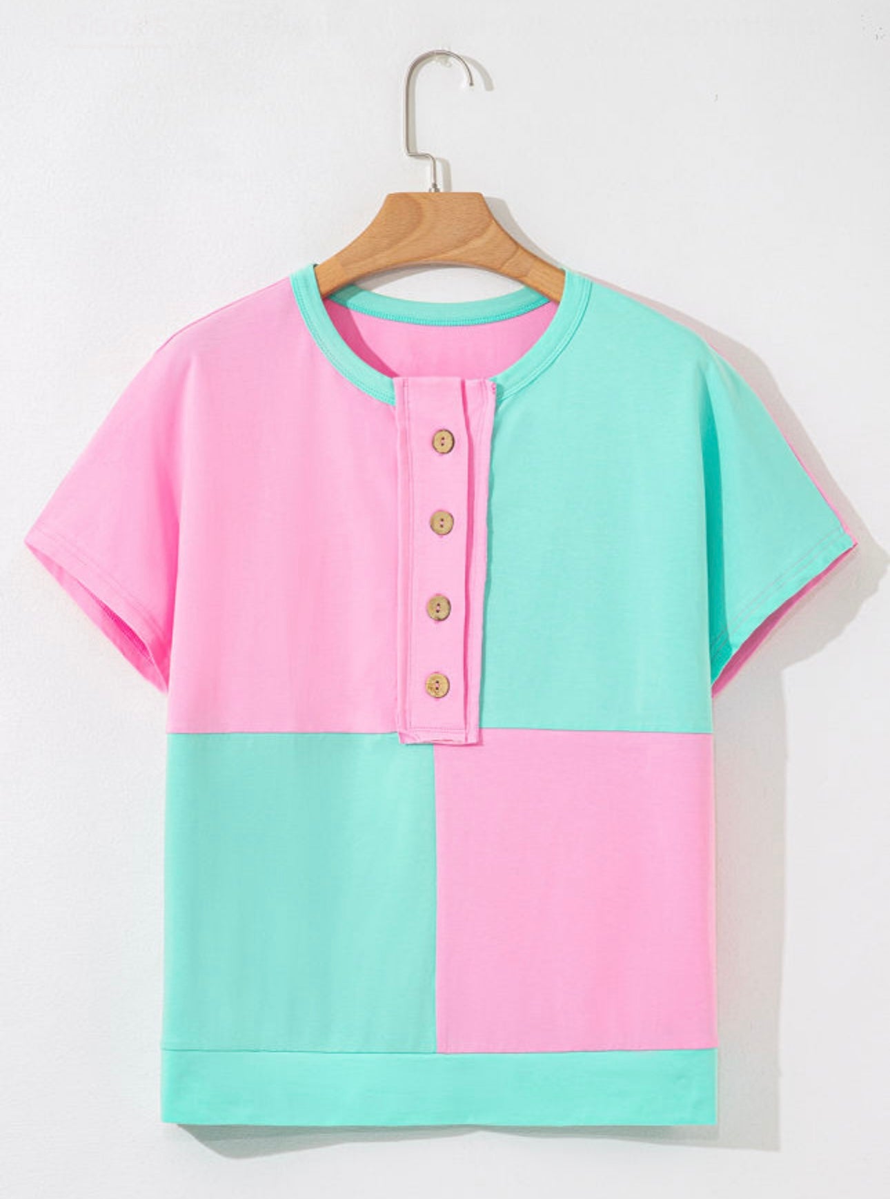 Mint Green And Pink Two Tones Half Button Collar Split Sides Top
