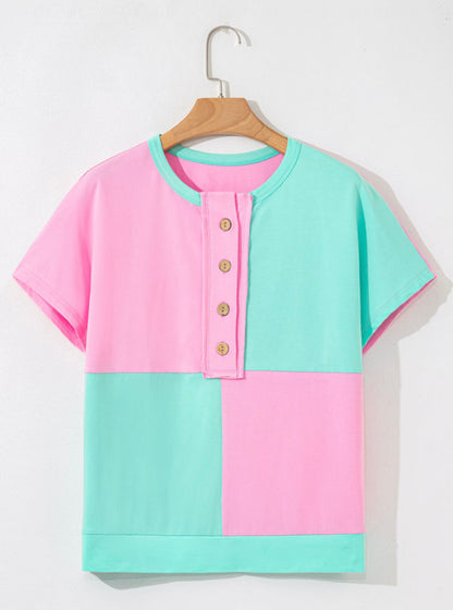 Mint Green And Pink Two Tones Half Button Collar Split Sides Top