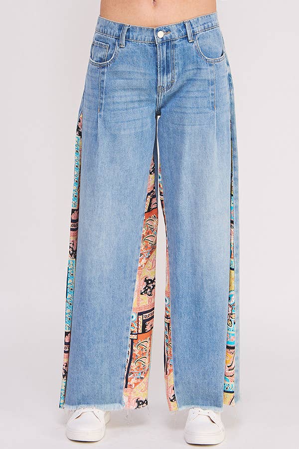 MID RISE PAISLEY PRINT PATCHWORK STRAIGHT LEG PANT: DENIM