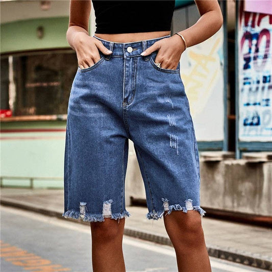Distressed Denim Shorts With Frayed Hem: NAVY BLUE