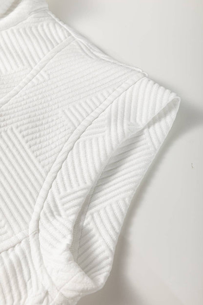 White Textured Half Zip Collared Cap Sleeve Mini Dress: White / 97%Polyester+3%Elastane