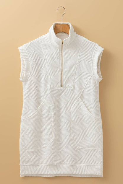 White Textured Half Zip Collared Cap Sleeve Mini Dress: White / 97%Polyester+3%Elastane