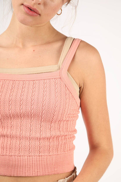 NT11608-Cable Ribbed Fitted Crop Knit Tank Top: BLUSH / S.M/M.L-3/3