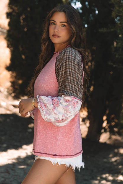 Plaid & Floral Print Ribbed Knit Top | S-2XL: As shown / Missy