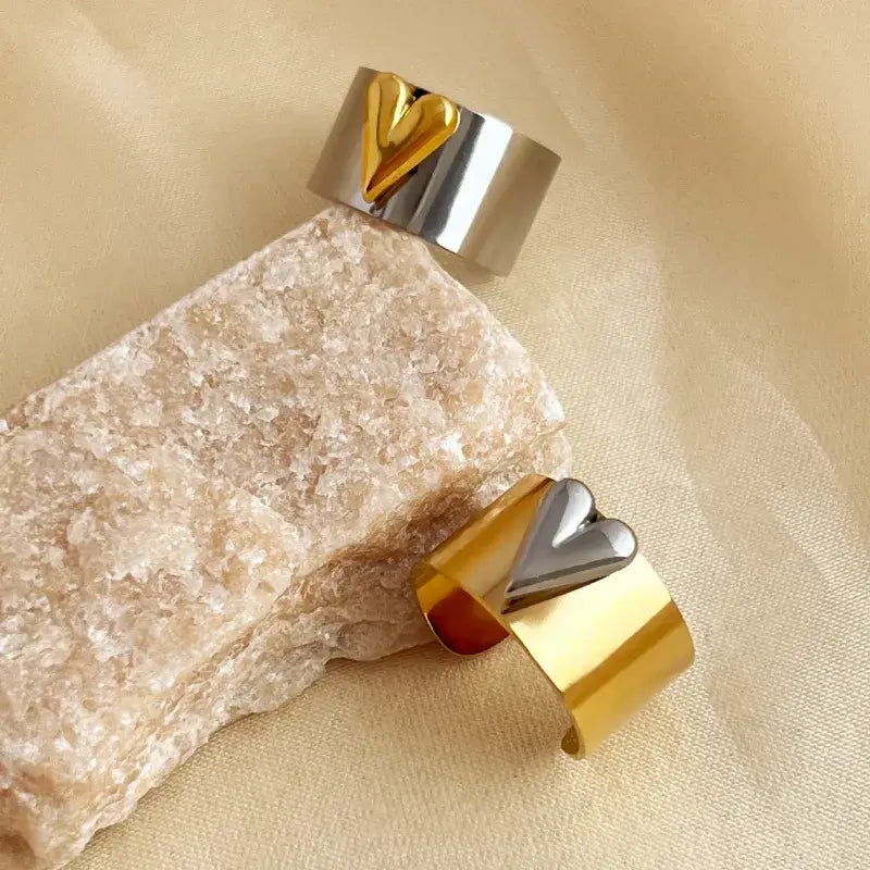Solid Adjustable Mixed Jewelry Ring Silver and Gold Heart: Yellow Gold