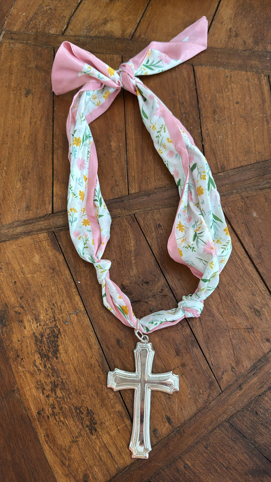 Floral Scarf Necklace with Silver Cross Pendant